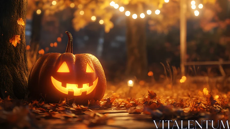 Carved jack o lantern on autumn ground with string lights.