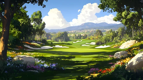 Sunlit golf fairway framed by floral woodland margins.