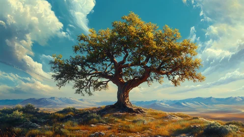 Single broad tree stands on rocky hill under expansive sky