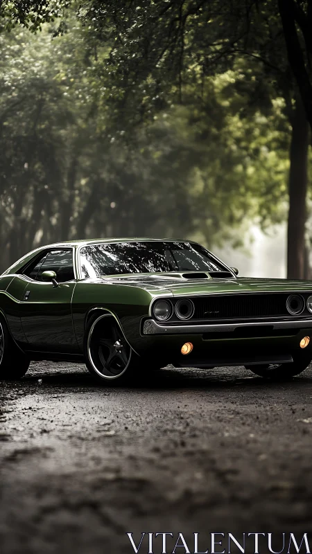 Classic green muscle car rendered in moody forest lighting