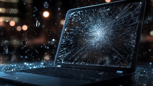 Shattered laptop screen exploding into digital night shards.