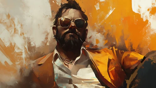 Bearded man in sunglasses posed against abstract orange field