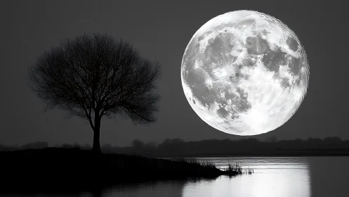 Moonlit lake whispers under a bold, oversized full moon.