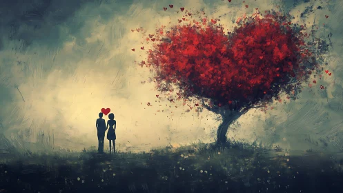 Heart Tree Silhouettes: Digital Romance Landscape.