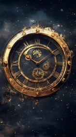 Aged brass clock with exposed gears in starry dark void.
