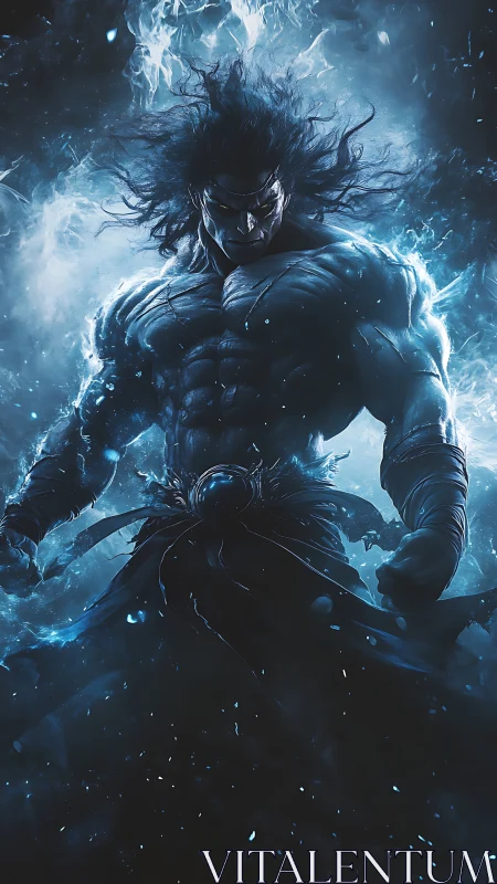 Electrified muscular warrior emerging from swirling blue storm