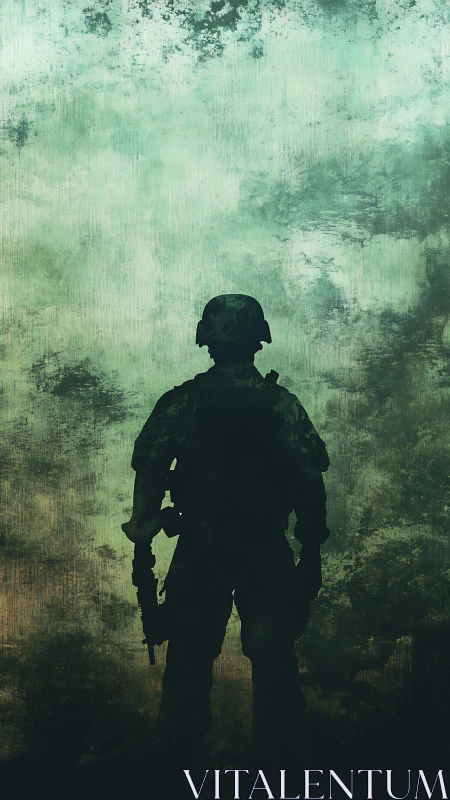 Silhouetted lone soldier framed by textured storm haze.