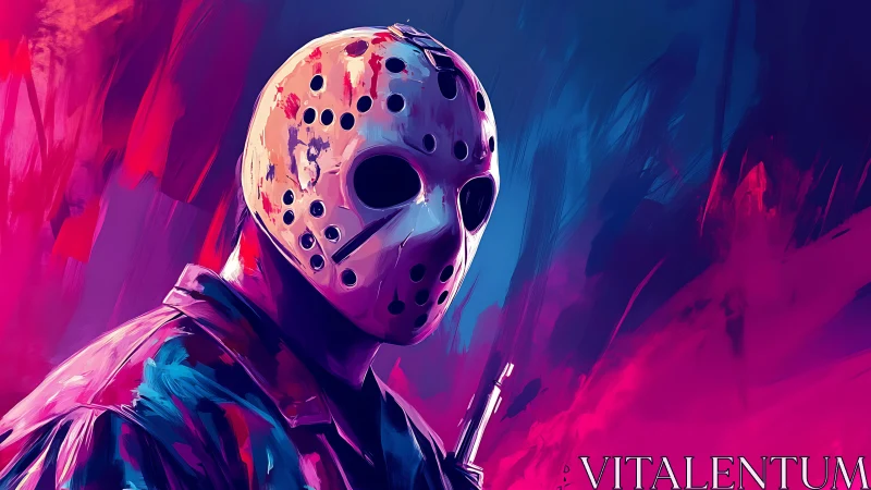 Masked slasher stands in neon night of bold color drama.