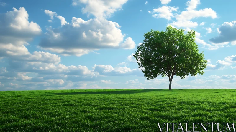 Lone tree on green field under blue sky with clouds, natural style.