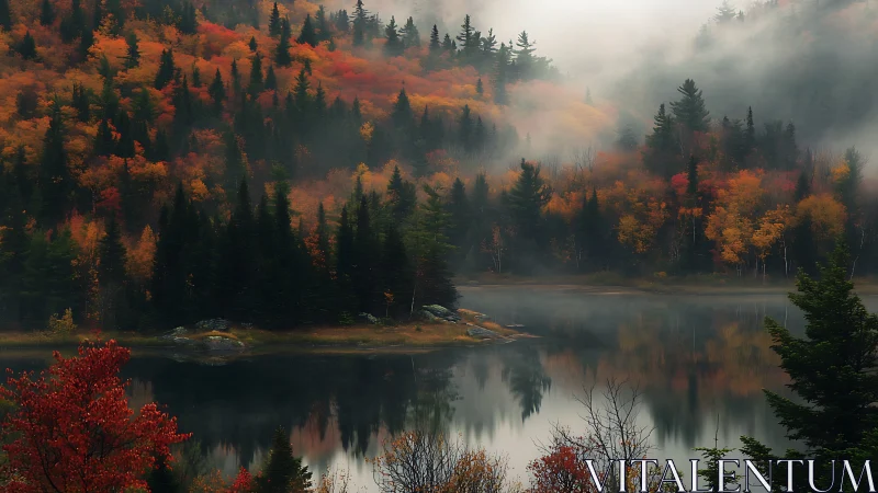 Fog-layered autumn conifer forest mirrored on still lake basin.