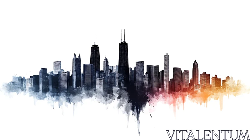 Urban skyline silhouette with gradient watercolor overlay.