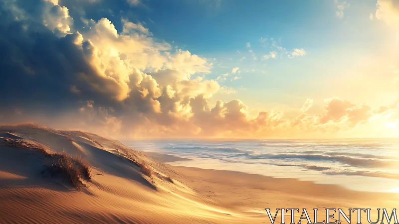 Golden coastal dunes under luminous sunset sky panorama.