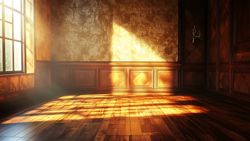 Sunlit empty wood paneled room with textured interior wall.