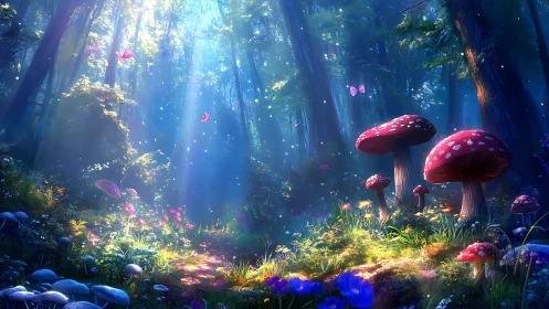 Enchanted Forest Realm Where Crimson Toadstools Bloom.