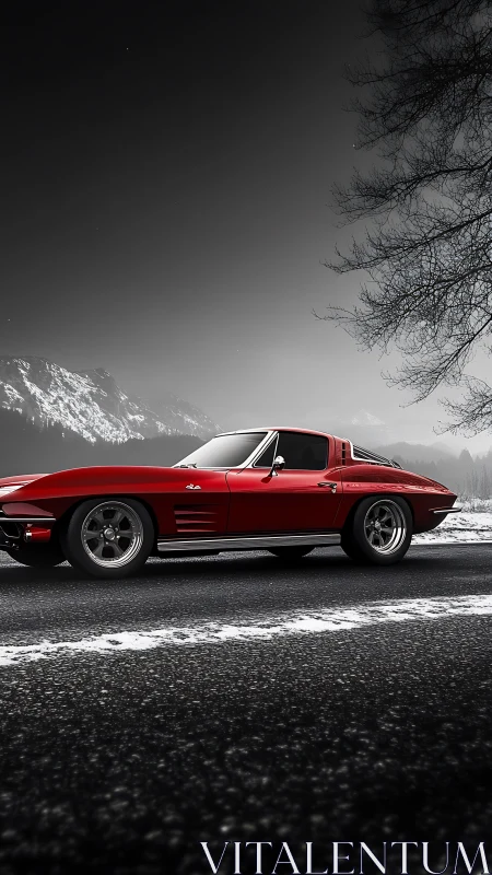 Red classic sports coupe contrasts with snowy mountain road