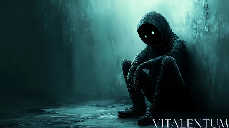 Hooded void figure in teal-lit corridor, moody digital study.