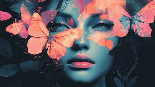 Neon butterfly dreams bloom across a midnight-painted face.