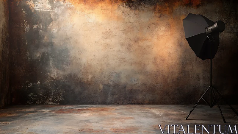 Studio strobe with umbrella stands in textured corner space