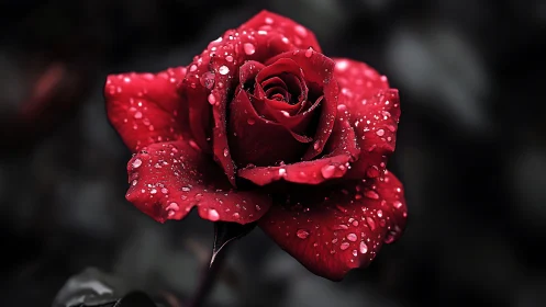 Deep crimson rose with dew drops against dark bokeh background.