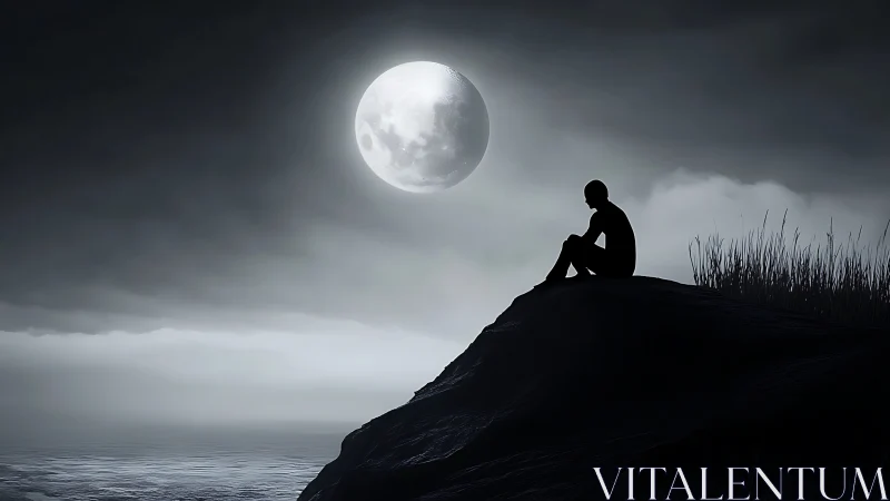 Solitary figure sits on moonlit cliff above calm sea
