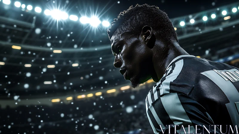 Focused football player under stadium lights in snowfall.