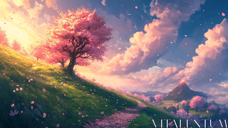 Sunlit cherry blossom hillside unfolds toward glowing mountain