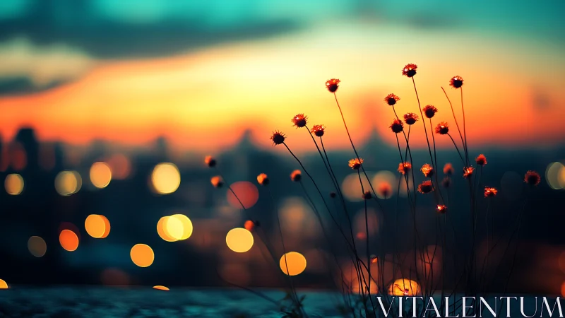 City edge wildflowers sip bokeh lights at molten sunset.