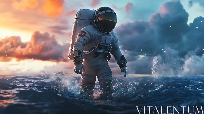 Astronaut strides through alien ocean at vivid sunset.