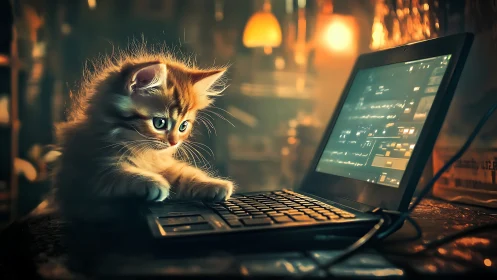 Tabby Kitten Engaged with Laptop Display in Nocturnal Urban Setting.