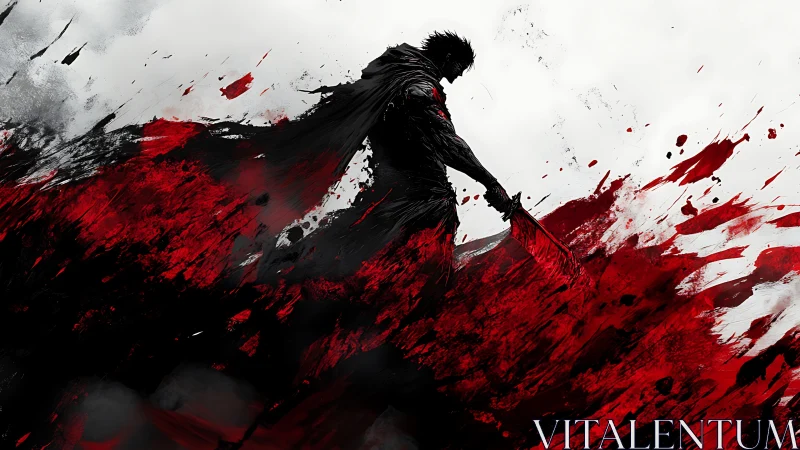 Solitary warrior stepping through a storm of red resolve.