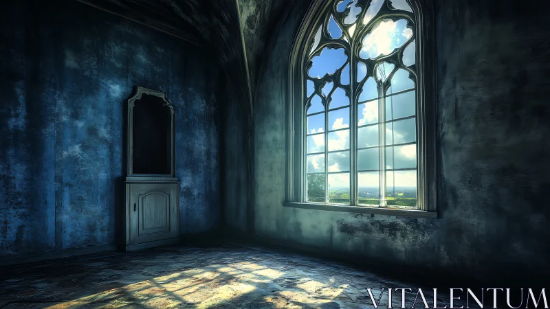 Sunlit gothic window in worn blue interior.