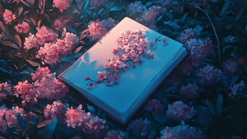 Moonlit storybook rests gently among glowing blossoms