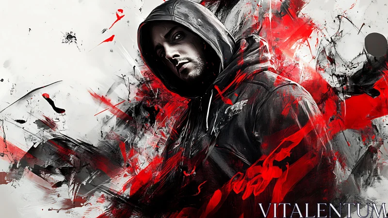 Hooded male portrait in dynamic red-black abstract paint motion
