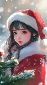 Snowy holiday girl wrapped in cozy Santa-red warmth.