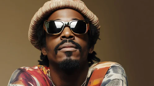 Portrait of man in sunglasses and knit hat on plain backdrop.