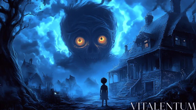 Midnight child confronts storm-born skull above haunted cottages.