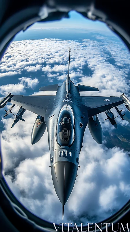 Steel predator skims cloud oceans in a cockpit keyhole frame.