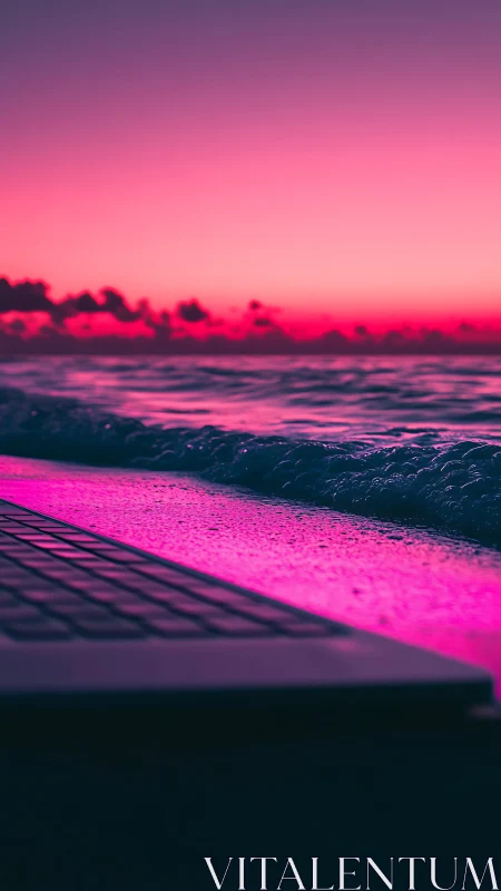 Neon sunset shoreline with laptop edge in foreground.