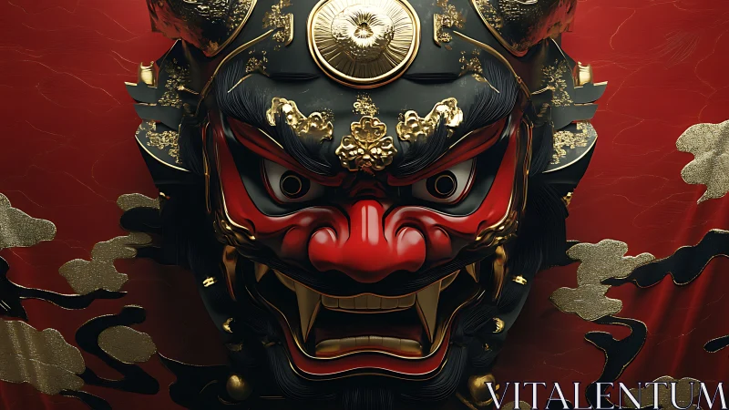 Demonic samurai mask snarls beneath swirling golden clouds