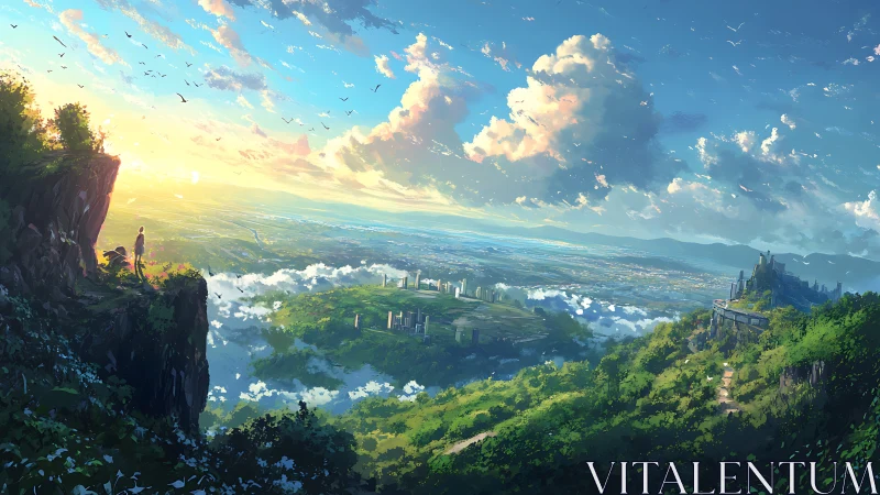 Sunlit cliffside vista over distant futuristic valley.