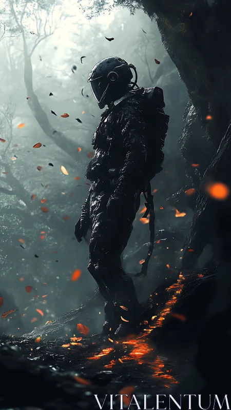 Armored explorer stands over molten forest fissure in fog