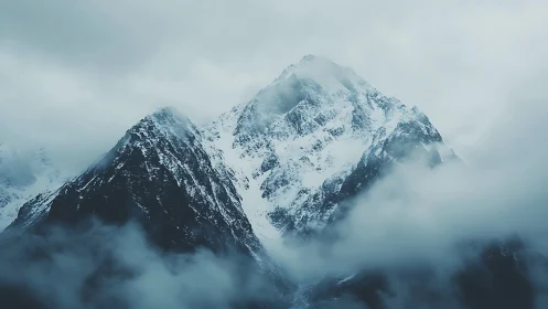 Snow-capped mountain peaks rise through brooding winter mist