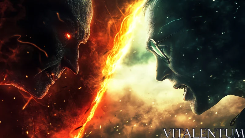 Opposing humanoid profiles divided by fiery energy barrier.