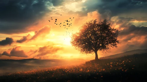 Lone hilltop tree sipping molten sunset over quiet meadows.