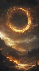 Celestial Ring Portal Over Gothic Fortress Landscape.