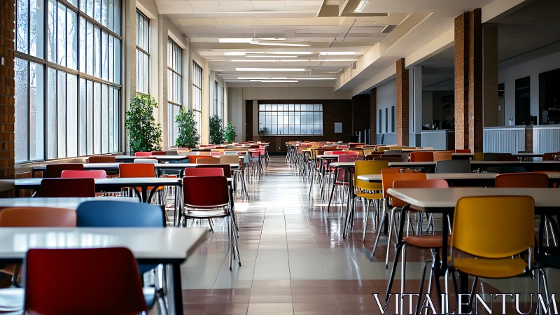 Sunlit school cafeteria with colorful chairs at rest.