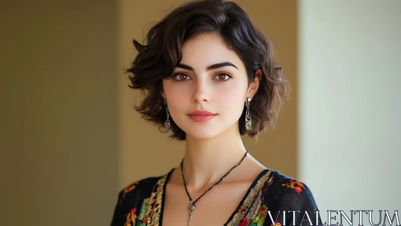 Brown-eyed woman faces camera in soft indoor portrait