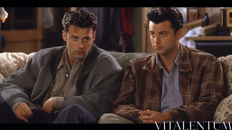 Two thoughtful friends sharing a quiet, cozy couch moment.