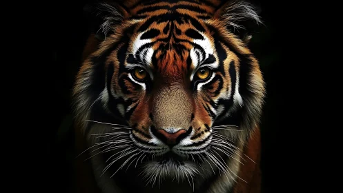 Intense tiger portrait emerges from dramatic black shadows.