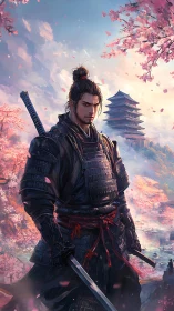 Samurai sentinel beneath drifting cherry blossoms at dawn.